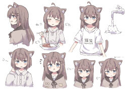 Rule 34 | 1girl, :t, puff of air, absurdres, ahoge, animal ear fluff, animal ears, black ribbon, blue eyes, blush stickers, brown capelet, brown hair, capelet, cat ears, cat tail, center frills, collarbone, colon br, cropped torso, dot nose, ears down, expressions, frilled shirt, frills, from side, grey hoodie, hair between eyes, hair ornament, hairclip, highres, hood, hood down, hoodie, long hair, long sleeves, looking at viewer, multiple views, neck ribbon, original, pout, print shirt, ribbon, shirt, sidelocks, simple background, straight hair, tail, white background, white shirt