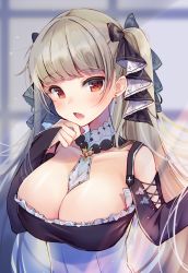 Rule 34 | 1girl, azur lane, between breasts, blush, breasts, cleavage, collar, collarbone, cross-laced clothes, dress, earrings, formidable (azur lane), frilled dress, frills, grey hair, hair ornament, hair ribbon, hand up, highres, indoors, jewelry, large breasts, long hair, looking at viewer, momoirone, open mouth, reaching, reaching towards viewer, red eyes, ribbon, solo, sunlight, twintails, two-tone dress, two-tone ribbon, upper body