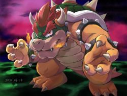 Rule 34 | 1boy, bowser, bracelet, breath weapon, breathing fire, claws, closed mouth, dated, fire, full body, highres, horns, jewelry, looking at viewer, male focus, mario (series), nintendo, outdoors, red eyes, red hair, sharp teeth, smile, solo, spiked bracelet, spiked shell, spikes, standing, super mario 64, teeth, thick eyebrows, ya mari 6363
