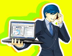 Rule 34 | &gt; &lt;, 1boy, blue eyes, blue hair, computer, danmaku comments, closed eyes, formal, grin, headphones, kaito (vocaloid), keyboard (computer), laptop, looking at viewer, male focus, matching hair/eyes, necktie, niconico, one eye closed, sabu (sa-bu), smile, solo, suit, vocaloid, windows xp, wink, yuuki (piapro)
