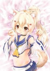Rule 34 | 1girl, :o, absurdres, animal ear fluff, animal ears, ayanami (azur lane), azur lane, belt, blonde hair, blue sailor collar, blue skirt, blush, brown eyes, collarbone, commentary request, crop top, detached sleeves, dog ears, dog girl, dog tail, hair between eyes, hair ornament, hairclip, heart, high ponytail, highres, kemonomimi mode, long hair, long sleeves, maru shion, md5 mismatch, midriff, parted lips, paw pose, pleated skirt, ponytail, resolution mismatch, retrofit (azur lane), sailor collar, shirt, sidelocks, skirt, solo, source smaller, tail, very long hair, white belt, white shirt, white sleeves, wide sleeves, yellow neckwear