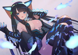 Rule 34 | 1girl, bare shoulders, black dress, black gloves, black hair, black headwear, black thighhighs, blue eyes, blue fire, blunt bangs, blush, breasts, center opening, cleavage, dress, elbow gloves, fate/grand order, fate (series), fire, gloves, hair ornament, halo, large breasts, leaf hair ornament, long hair, looking at viewer, neon trim, open mouth, purple hair, smile, solo, thighhighs, thighs, very long hair, yang guifei (fate), yang guifei (third ascension) (fate), zenshin