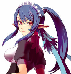 Rule 34 | 00s, 1girl, alternate costume, blue hair, breasts, elf, enmaided, eyelashes, female focus, ichihashi makoto, impossible clothes, impossible shirt, judith (tales), large breasts, maid, maid headdress, official alternate costume, pointy ears, ponytail, red eyes, shirt, simple background, solo, tales of (series), tales of vesperia, white background