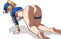 Rule 34 | 1girl, ahoge, all fours, arm grab, artoria pendragon (fate), ass, ayakumo, back, barefoot, baseball cap, bikini, blonde hair, blue eyes, blue hat, blue jacket, blush, breasts, censored, commentary, crotch seam, dutch angle, fate/grand order, fate (series), from behind, hat, jacket, kneepits, legs, long sleeves, looking at viewer, looking back, medium hair, mosaic censoring, mysterious heroine x (fate), mysterious heroine xx (fate), ponytail, shadow, shrug (clothing), simple background, solo, swimsuit, thigh strap, white background, white bikini, wristband