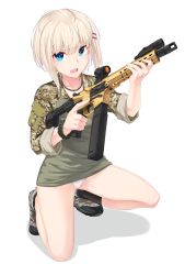 Rule 34 | 1girl, absurdres, bangle, blonde hair, blue eyes, bracelet, camouflage, fang, full body, gun, hair ornament, hairclip, highres, holding, holding weapon, ivan wang, jewelry, kneeling, looking at viewer, machine gun, military, military uniform, no pants, on one knee, open mouth, original, panties, pantyshot, shoes, short hair, sitting, sleeves rolled up, sneakers, solo, underwear, uniform, weapon, white panties