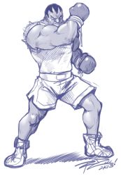 Rule 34 | 1boy, bad id, bad tumblr id, balrog (street fighter), boxing gloves, buzz cut, capcom, dark-skinned male, dark skin, male focus, monochrome, mouth pull, muscular, purple theme, robaato, short hair, shorts, signature, sketch, sleeveless, solo, street fighter, very short hair