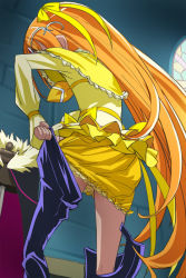 Rule 34 | 10s, 1girl, boots, bow, bubble skirt, cape, capelet, cure muse, cure muse (black), cure muse (yellow), dress, dual persona, frills, haruyama kazunori, indoors, long hair, magical girl, multiple persona, orange hair, precure, ribbon, shiny clothes, shirabe ako, skirt, solo, spoilers, suite precure, undressing, very long hair, yellow bow, yellow dress, yellow ribbon, yellow skirt