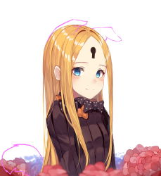 Rule 34 | 1girl, abigail williams (fate), bad id, bad pixiv id, black bow, black dress, blonde hair, blue eyes, blush, bow, closed mouth, drawn ears, drawn tail, dress, fang, fang out, fate/grand order, fate (series), flower, keyhole, long hair, no headwear, orange bow, parted bangs, polka dot, polka dot bow, red flower, smile, solo, sugar (dndi888), upper body, very long hair, white background