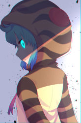 Rule 34 | 1girl, aqua eyes, aqua hair, bad id, bad pixiv id, brown coat, chromatic aberration, closed mouth, coat, commentary, from behind, glowing, glowing eyes, highres, hood, hood up, hoodie, kemono friends, light frown, looking at viewer, looking back, short hair, solo, standing, takom, tsuchinoko (kemono friends), upper body