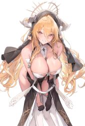 Rule 34 | 1girl, absurdres, azur lane, bare shoulders, between breasts, black gloves, black headwear, blonde hair, blush, breast cutout, breasts, cleavage, covered navel, detached sleeves, double-parted bangs, fake horns, freng, gloves, grin, habit, hair between eyes, half gloves, highres, horns, huge breasts, implacable (azur lane), leaning forward, long bangs, long hair, looking at viewer, nun, partially unbuttoned, pelvic curtain, red eyes, revealing clothes, shirt slip, smile, solo, thighhighs, two-tone dress, veil, very long hair, white horns, white thighhighs, wide hips