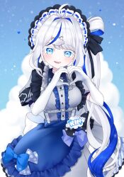 Rule 34 | 1girl, aokumo rin, apron, aqua eyes, black bow, blue apron, blue bow, blue eyes, blue frills, blush, bow, cloud hair ornament, colored eyelashes, dress, elbow gloves, foot out of frame, frilled dress, frills, gloves, heart, heart hands, kaisin ao, long hair, looking at viewer, maid, maid headdress, multicolored hair, open mouth, short sleeves, side ponytail, smile, solo, stellive, teeth, two-tone hair, upper teeth only, virtual youtuber, white gloves, white hair