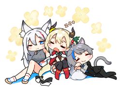 Rule 34 | 3girls, :3, ;), = =, animal ears, bare shoulders, black jacket, black legwear, black vest, blonde hair, blue eyes, blue hair, blue necktie, blush, blush stickers, boots, breasts, brown footwear, brown shirt, capelet, cat ears, cat girl, cat tail, chibi, closed eyes, closed mouth, collared shirt, commentary request, copyright request, crop top, drooling, fang, floral background, fur-trimmed capelet, fur-trimmed skirt, fur trim, grey hair, grey shirt, grey sweater, horns, jacket, knee up, knees up, kutata, large breasts, mouth drool, multicolored hair, multiple girls, necktie, one eye closed, open mouth, pantyhose, red capelet, red footwear, red hair, sandals, shirt, skirt, sleeping, sleeveless, sleeveless sweater, smile, socks, streaked hair, sweater, tail, thighhighs, thighhighs under boots, vest, virtual youtuber, white background, white legwear, zouri, zzz