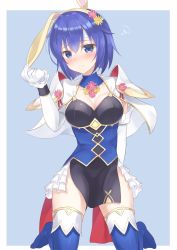 Rule 34 | 1girl, animal ears, aone hiiro, blue eyes, blue hair, blush, boots, breasts, catria (fire emblem), cleavage, detached collar, dress, easter, easter egg, egg, elbow gloves, embarrassed, fake animal ears, fire emblem, fire emblem heroes, flower, gloves, hair between eyes, hair flower, hair ornament, highres, leotard, looking at viewer, lying, medium breasts, nintendo, on side, playboy bunny, rabbit ears, rabbit tail, short dress, short hair, solo, tail, thigh boots, thighhighs, white gloves