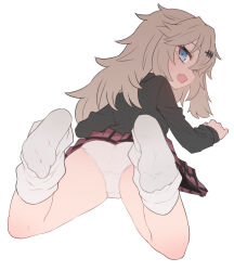 Rule 34 | 1girl, blue eyes, brown hair, fang, feet, feet up, kasukabe tsumugi, long hair, long sleeves, looking at viewer, looking back, loose socks, lying, mole, mole under eye, no shoes, on stomach, open mouth, panties, pleated skirt, red skirt, shirt, simple background, skirt, smile, socks, soles, solo, sumiyao (amam), toes, underwear, voicevox, white background, white panties, white socks