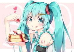Rule 34 | 00s, 1girl, 39, aqua eyes, aqua hair, aqua nails, aqua necktie, bare shoulders, blush, commentary request, eyes visible through hair, food, frilled sleeves, frills, fruit, hair ornament, hair ribbon, hairclip, hatsune miku, heart, holding, holding food, holding plate, inumine aya, jam, long hair, looking at viewer, matching hair/eyes, multicolored ribbon, nail polish, necktie, pancake, plate, ribbon, solo, strawberry, tongue, tongue out, twintails, upper body, vocaloid