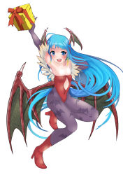 Rule 34 | 1girl, alternate costume, axley, bat wings, blue eyes, blue hair, boots, cosplay, elbow gloves, gift, gloves, halloween, head wings, kantai collection, leotard, lilith aensland, lilith aensland (cosplay), pantyhose, red footwear, red leotard, samidare (kancolle), solo, wings