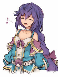 Rule 34 | 1girl, ^ ^, braid, choker, closed eyes, closed eyes, female focus, long hair, music, musical note, neptune (series), open mouth, purple hair, pururut, simple background, singing, single braid, sleeves past wrists, smile, solo, spoken musical note, white background, white crow