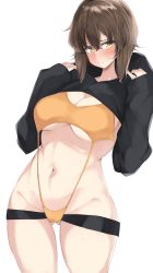 Rule 34 | 1girl, absurdres, black hoodie, blush, breasts, brown eyes, brown hair, cleavage, closed mouth, commentary, cowboy shot, frown, girls und panzer, gluteal fold, half-closed eyes, highres, hood, hoodie, kshimu, large breasts, long sleeves, looking at viewer, navel, nishizumi maho, one-piece swimsuit, orange one-piece swimsuit, short hair, shrug (clothing), simple background, slingshot swimsuit, solo, standing, swimsuit, white background