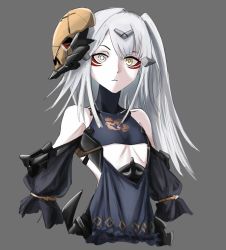 Rule 34 | 1girl, commentary, detached sleeves, english commentary, eyepatch, flat chest, girls&#039; frontline, grey background, hair ornament, haonfest, heterochromia, highres, pale skin, paradeus, simple background, solo, white eyes, white hair, yellow eyes
