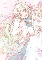 Rule 34 | 1girl, blonde hair, dated, dress, female focus, gradient background, hair ribbon, happy birthday, jewelry, kagerou project, key, key necklace, kozakura marry, long hair, momomochi, necklace, red eyes, ribbon, smile, solo, tears