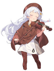 1girl a.i._voice argyle_clothes argyle_pantyhose beret blush bow_(music) braid brown_coat closed_eyes coat commentary_request cropped_legs dress hat highres holding holding_instrument holding_violin instrument kizuna_akari kizuna_akari_(tsubomi) long_hair music parted_lips playing_instrument side_braid simple_background solo violin voiceroid white_background white_hair yamamomo_(plank)