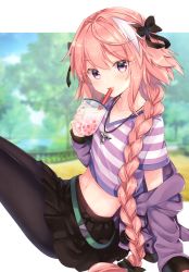 Rule 34 | 1boy, absurdres, astolfo (fate), astolfo (memories at trifas) (fate), black bow, black pantyhose, black skirt, blush, bow, braid, collarbone, cup, day, drinking straw, fang, fate (series), gomano rio, hair bow, hair intakes, hair ribbon, highres, holding, holding cup, jacket, jewelry, long hair, long sleeves, looking at viewer, male focus, midriff, multicolored hair, navel, necklace, off shoulder, official alternate costume, open mouth, outdoors, pantyhose, pink hair, purple eyes, purple jacket, purple shirt, ribbon, shirt, single braid, skirt, smile, solo, streaked hair, trap