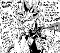 Rule 34 | 1boy, absurdres, bare arms, bb (baalbuddy), beans, can, cape, collared cape, commentary, commission, duel disk, eating, english commentary, english text, food, food in mouth, greyscale, high collar, highres, holding, holding can, holding spoon, looking at food, looking at object, male focus, medium hair, millennium puzzle, monochrome, multicolored hair, serious, shirt, shouting, sleeveless, sleeveless shirt, solo, speed lines, spoon, tsurime, upper body, v-shaped eyebrows, yami yugi, yu-gi-oh!, yu-gi-oh! duel monsters