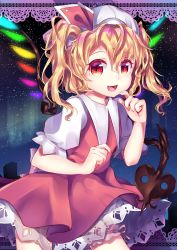 Rule 34 | 1girl, aurora, blonde hair, bloomers, constellation, contrapposto, cowboy shot, crescent moon, crystal, earth (planet), fang, fireworks, flandre scarlet, full moon, gunjou row, hat, hat ribbon, highres, light particles, looking at viewer, milky way, mob cap, moon, moonlight, night, night sky, open mouth, planet, puffy short sleeves, puffy sleeves, red eyes, red ribbon, ribbon, shirt, shooting star, short sleeves, skirt, sky, solo, space, star (sky), star (symbol), starry background, starry sky, starry sky print, tanabata, tanzaku, touhou, underwear, wings