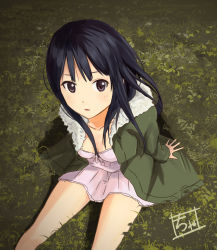 Rule 34 | 1girl, akiyama mio, black eyes, black hair, coat, dress, grass, highres, k-on!, long hair, sitting, zasshu tamashii
