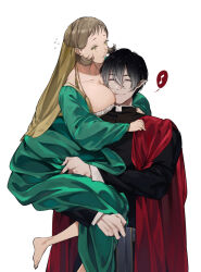 Rule 34 | 1boy, 1girl, ^ ^, barefoot, between breasts, black shirt, blonde hair, blush, breasts, brown hair, carrying, cheek press, child carry, cleavage, cloak, closed eyes, closed mouth, colored tips, dmuyaa, dress, eyelashes, facing viewer, fang, flying sweatdrops, gradient hair, green dress, green eyes, hair behind ear, hair between eyes, hair net, happy, head between breasts, large breasts, light brown hair, long hair, long sleeves, looking at viewer, looking away, multicolored hair, musical note, original, pale skin, parted lips, pointy ears, puffy long sleeves, puffy sleeves, red cloak, sash, shirt, sidelocks, simple background, skin fang, smile, spoken musical note, striped, tassel, upper body, veil, very long hair, white hair