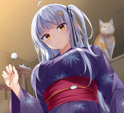 Rule 34 | 1girl, ahoge, animal, black ribbon, blue hair, blue kimono, blunt bangs, blurry, blurry background, breasts, cat, cat hair ornament, closed mouth, commission, fireworks print, from below, glowing, glowing eyes, grey hair, hair ornament, hair ribbon, hairclip, holding, irohara, japanese clothes, kimono, large breasts, long hair, looking at viewer, looking down, mimikaki, multicolored hair, obi, obijime, one side up, original, ribbon, sash, skeb commission, smile, streaked hair, upper body, wide sleeves, yellow eyes, yukata