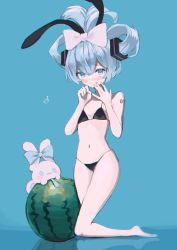 Rule 34 | 1girl, absurdres, animal ears, bare arms, bare legs, bare shoulders, barefoot, bikini, blue background, blue bow, blue eyes, blue hair, blush, bow, breasts, cinnamiku, cinnamoroll, commentary request, ear bow, food, fruit, full body, hair between eyes, hair bow, hatsune miku, highres, kneeling, making-of available, micro bikini, navel, nose blush, rabbit ears, reflection, retorillo, sanrio, small breasts, swimsuit, vocaloid, watermelon, white bow