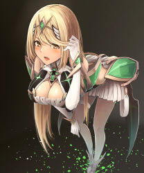 Rule 34 | 1girl, armor, artist request, blonde hair, blush, breasts, cleavage, dress, fingerless gloves, gloves, highres, large breasts, long hair, looking at viewer, md5 mismatch, mythra (xenoblade), nintendo, resolution mismatch, solo, source larger, sword, weapon, xenoblade chronicles (series), xenoblade chronicles 2, yellow eyes