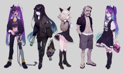 Rule 34 | 1boy, 4girls, animal ears, arm strap, bad id, bad twitter id, bag, belt, belt buckle, black coat, black dress, black footwear, black hair, black jacket, black pants, black socks, blood, blue eyes, blue hair, boots, bottle, bow, bracelet, buckle, buttons, chain, closed eyes, closed mouth, coat, collarbone, colored tongue, commentary, cross, death, dress, english text, eyepatch, facial hair, flip-flops, forked tongue, full body, grey background, grey hair, hair bow, hair ornament, hair over one eye, hair ribbon, hairpin, handbag, hands in pockets, heterochromia, highres, holding, holding bag, holding belt, holding bottle, holding chain, holding handbag, holding head, jacket, jewelry, kamameshi gougoumaru, knee boots, knee pads, kneehighs, long hair, long sleeves, looking at viewer, looking to the side, mechanical hands, medium hair, monster, multicolored hair, multiple girls, mustache, navel, open mouth, original, pants, pink bag, pink eyes, purple eyes, purple hair, purple tongue, red eyes, ribbon, sandals, shirt, shoelaces, shoes, short dress, short sleeves, shorts, simple background, single mechanical hand, smile, socks, spiked boots, standing, stitches, sweat, teeth, thigh strap, tongue, tongue out, torn clothes, torn pants, torn shirt, twintails, unbuttoned, unbuttoned shirt, very long hair, white shirt, yellow legwear, zombie
