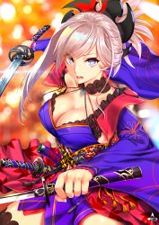 Rule 34 | 1girl, blue eyes, breasts, collarbone, covered erect nipples, dual wielding, earrings, fate/grand order, fate (series), fighting stance, floral print, hair ornament, highres, holding, infinote, japanese clothes, jewelry, katana, kimono, large breasts, leaf print, long sleeves, looking at viewer, magatama, maple leaf print, miyamoto musashi (fate), miyamoto musashi (third ascension) (fate), open mouth, ponytail, sheath, sheathed, silver hair, solo, sword, thighhighs, unsheathed, weapon