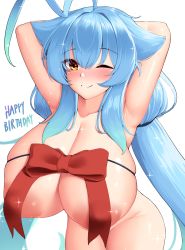 Rule 34 | 1girl, absurdres, ahoge, armpits, arms up, blue hair, blush, borrowed character, breasts, closed mouth, convenient censoring, cropped legs, groin, hair between eyes, hair flaps, happy birthday, highres, huge breasts, kaedeno yuu, large areolae, long hair, naked ribbon, nude, one eye closed, original, ribbon, sidelocks, simple background, smile, solo, sparkle, standing, twintails, very long hair, white background
