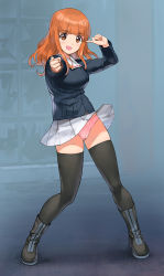 Rule 34 | &gt;:p, 1girl, a1 (initial-g), black footwear, black thighhighs, blue jacket, blunt bangs, boots, breasts, cameltoe, clothes lift, collared shirt, eyebrows, full body, girls und panzer, jacket, long hair, long sleeves, looking at viewer, medium breasts, miniskirt, ooarai military uniform, open mouth, orange eyes, orange hair, panties, pantyshot, parody request, pink panties, pleated skirt, pointing, pointing at self, pointing at viewer, pussy, raised eyebrows, shirt, skirt, skirt lift, solo, takebe saori, thighhighs, thighs, undershirt, underwear, upskirt, white skirt, wind, wind lift, zipper