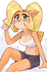 Rule 34 | 1girl, ahoge, alternate costume, animal ears, bare shoulders, black shorts, blonde hair, blush, body fur, bottle, breasts, cleavage, closed mouth, coco bandicoot, collarbone, crash bandicoot (series), drink, eyeshadow, female focus, furry, furry female, green eyes, grey background, groin, hand up, holding, huge ahoge, knee up, long hair, looking at viewer, makeup, medium breasts, midriff, navel, ponytail, shiny skin, short shorts, shorts, simple background, sitting, smile, solo, spaghetti strap, sports bra, sweat, toned, two-tone background, wamudraws, water, water bottle, white background
