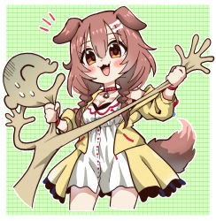 Rule 34 | 1girl, 1other, :3, absurdres, animal collar, animal ears, bone hair ornament, braid, breasts, brown eyes, brown hair, cleavage, collar, commentary request, dog ears, dog girl, dog tail, dress, fang, fushicho, hair ornament, highres, hololive, inugami korone, inugami korone (1st costume), jacket, listener (inugami korone), low twin braids, medium breasts, off shoulder, open mouth, short dress, skin fang, smile, strangling, sweat, tail, twin braids, virtual youtuber, white dress, yellow jacket
