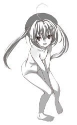 Rule 34 | 1girl, ahoge, barefoot, completely nude, feet, female focus, flat chest, full body, greyscale, hat, marron (quiz magic academy), monochrome, nude, quiz magic academy, simple background, solo, twintails, white background, yada ei