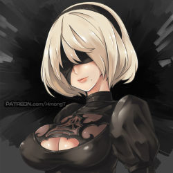 Rule 34 | 1girl, android, black dress, black hairband, blindfold, breasts, cleavage, cleavage cutout, closed mouth, clothing cutout, covered eyes, dress, covered erect nipples, hair over eyes, hairband, hm (hmongt), juliet sleeves, large breasts, lips, long sleeves, mole, mole under mouth, nier (series), nier:automata, patreon username, puffy sleeves, short hair, silver hair, smile, solo, turtleneck, upper body, watermark, web address, 2b (nier:automata)