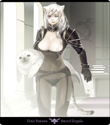 Rule 34 | 1boy, 1girl, ;), animal, animal ears, armor, bertolucci (pixiv fantasia), black gloves, breasts, cleavage, copyright name, eyelashes, fantasy, garter belt, gloves, gluteal fold, holding, holding animal, impossible armor, impossible clothes, indoors, kitty blanche (pixiv fantasia), large breasts, letterboxed, lips, long hair, nicole pmonachi, one eye closed, panties, pixiv fantasia, pixiv fantasia sword regalia, red eyes, seal (animal), see-through, see-through legwear, shoulder armor, smile, string panties, tail, thighhighs, thighs, tiger ears, tiger tail, underwear, vambraces