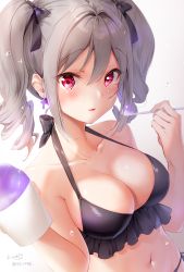 Rule 34 | 1girl, bare arms, bare shoulders, bikini, black bikini, black bow, black ribbon, blush, bow, breasts, cleavage, collarbone, commentary request, cross, cross earrings, drill hair, earrings, food, gradient background, grey background, grey hair, hair between eyes, hair bow, hand up, highres, idolmaster, idolmaster cinderella girls, jewelry, kanzaki ranko, kinako (shiratama mochi), large breasts, long hair, looking at viewer, navel, parted lips, red eyes, ribbon, shaved ice, side-tie bikini bottom, sidelocks, signature, smile, solo, swimsuit, twin drills, twintails, twitter username, water drop, white background