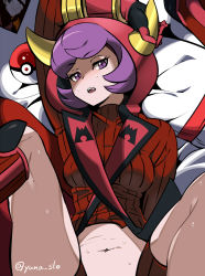 Rule 34 | 10s, 1girl, bad id, bad pixiv id, boots, clothes lift, courtney (pokemon), courtney (pokemon oras), creatures (company), fake horns, game freak, gloves, hood, hoodie, horned headwear, horns, looking at viewer, lying, maxie (pokemon), maxie (pokemon oras), midriff, navel, nintendo, on back, on bed, open mouth, out-of-frame censoring, poke ball, pokemon, pokemon oras, poster (object), pov, purple eyes, purple hair, ribbed sweater, short hair, shorts, solo, spread legs, sweat, sweater, sweater lift, team magma, twitter username, uniform, yuna (rutera)