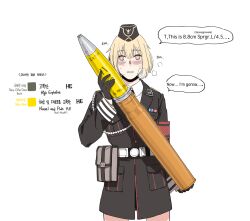 Rule 34 | 1girl, ammunition, armband, artillery shell, blonde hair, blush, breath, bright pupils, bullet, english text, girls&#039; frontline, hat, holding, holding bullet, huqu, jacket, looking at viewer, military uniform, mp40 (girls&#039; frontline), red armband, roman numeral, solo, sweat, uniform, white pupils