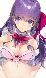 Rule 34 | 10s, 1girl, absurdres, bb (fate), bb (fate/extra), bra, breasts, cleavage, clothes lift, fate/extra, fate/extra ccc, fate (series), hair ribbon, highres, kou mashiro, large breasts, looking at viewer, navel, open mouth, purple eyes, purple hair, ribbon, shirt lift, simple background, sitting, thigh gap, underwear, wariza, white background
