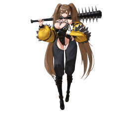 Rule 34 | 1girl, bare shoulders, belt, black footwear, boots, breasts, brown eyes, brown hair, chain, closed mouth, club, club (weapon), collar, collarbone, covered navel, detached sleeves, grey background, grey pupils, hair between eyes, hand on own hip, highres, holding, holding club, kou (kokounene), large breasts, long hair, o-ring, original, over shoulder, simple background, solo, spiked club, spiked collar, spikes, twintails, very long hair, weapon, weapon over shoulder, white background