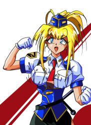 Rule 34 | 1990s (style), 1girl, belt, between breasts, blonde hair, blue eyes, breasts, burn-up, clenched hand, gloves, kinezono rio, large breasts, long hair, looking at viewer, miniskirt, necktie, necktie between breasts, open mouth, pencil skirt, police, police uniform, policewoman, ponytail, puffy sleeves, retro artstyle, short sleeves, side slit, simple background, skirt, solo, uniform, vest, white gloves