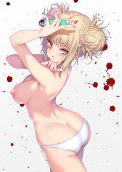 Rule 34 | 1girl, absurdres, ass, blonde hair, blood, blunt bangs, blush, boku no hero academia, boxcutter, breasts, butt crack, double bun, hair bun, highres, holding, holding weapon, hong (white spider), messy hair, nail polish, nipples, panties, solo, tagme, toga himiko, underwear, weapon, white panties, yellow eyes