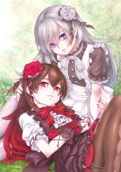 Rule 34 | 2girls, blush, bow, flower, grimm&#039;s fairy tales, hair flower, hair ornament, highres, kosai takayuki, looking at viewer, lying, multiple girls, nail polish, on back, open mouth, pantyhose, puffy short sleeves, puffy sleeves, purple eyes, red bow, red flower, red nails, red ribbon, red rose, revision, ribbon, rose, rose-red (snow-white and rose-red), short sleeves, sitting, smile, snow-white (snow-white and rose-red), snow-white and rose-red, teeth, white flower, white rose